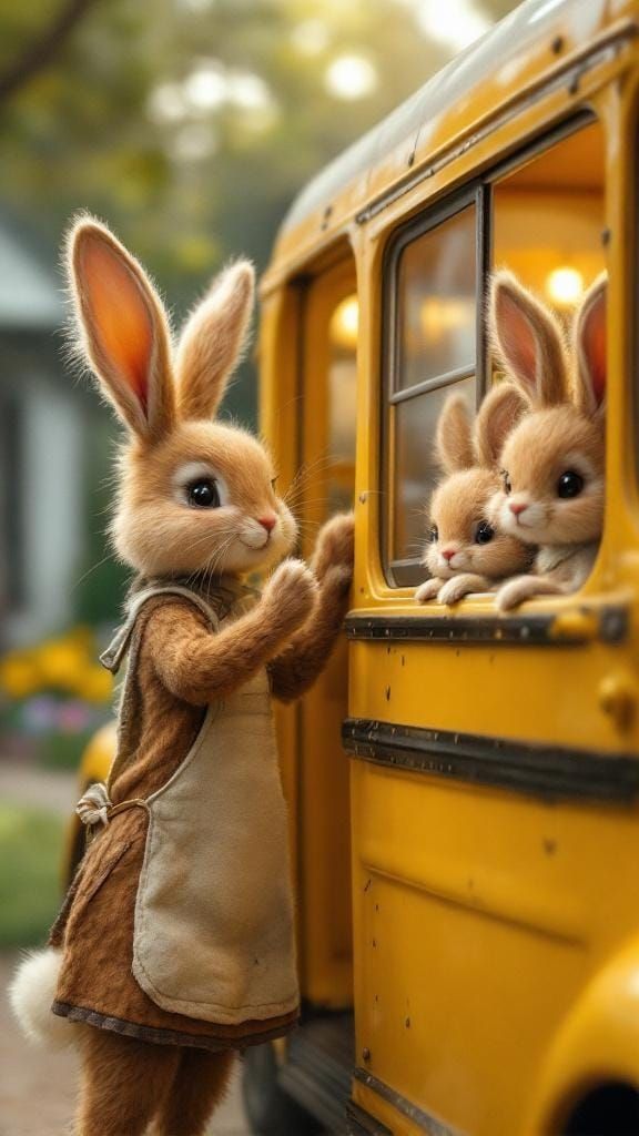 Charming Mother Bunny Waving Goodbye in Nostalgic Style