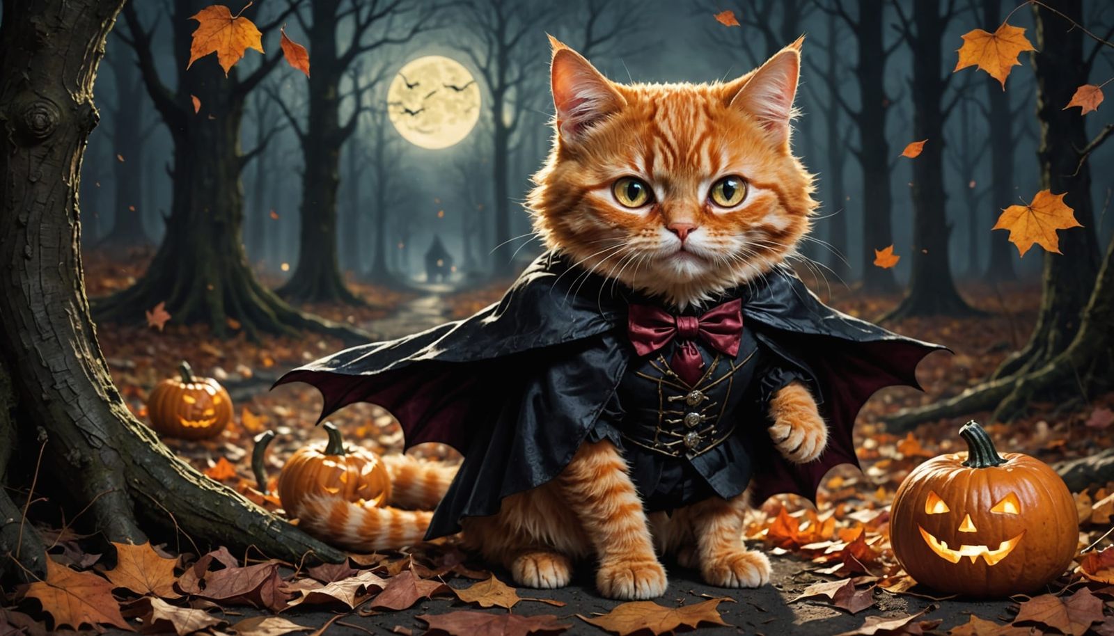 Vampire Cat Behind Jack-o'-Lantern in Spooky Forest