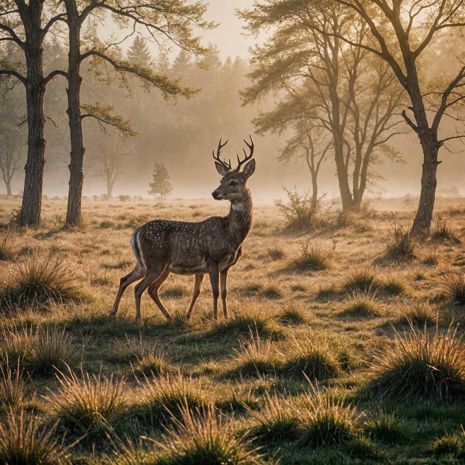 Misty Meadow Sunrise with Deer in Cinematic Style