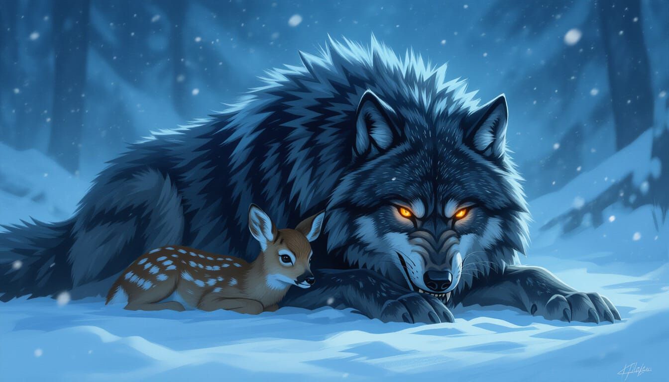 Colossal Werewolf Shelters Fawn in Moonlit Winter Forest