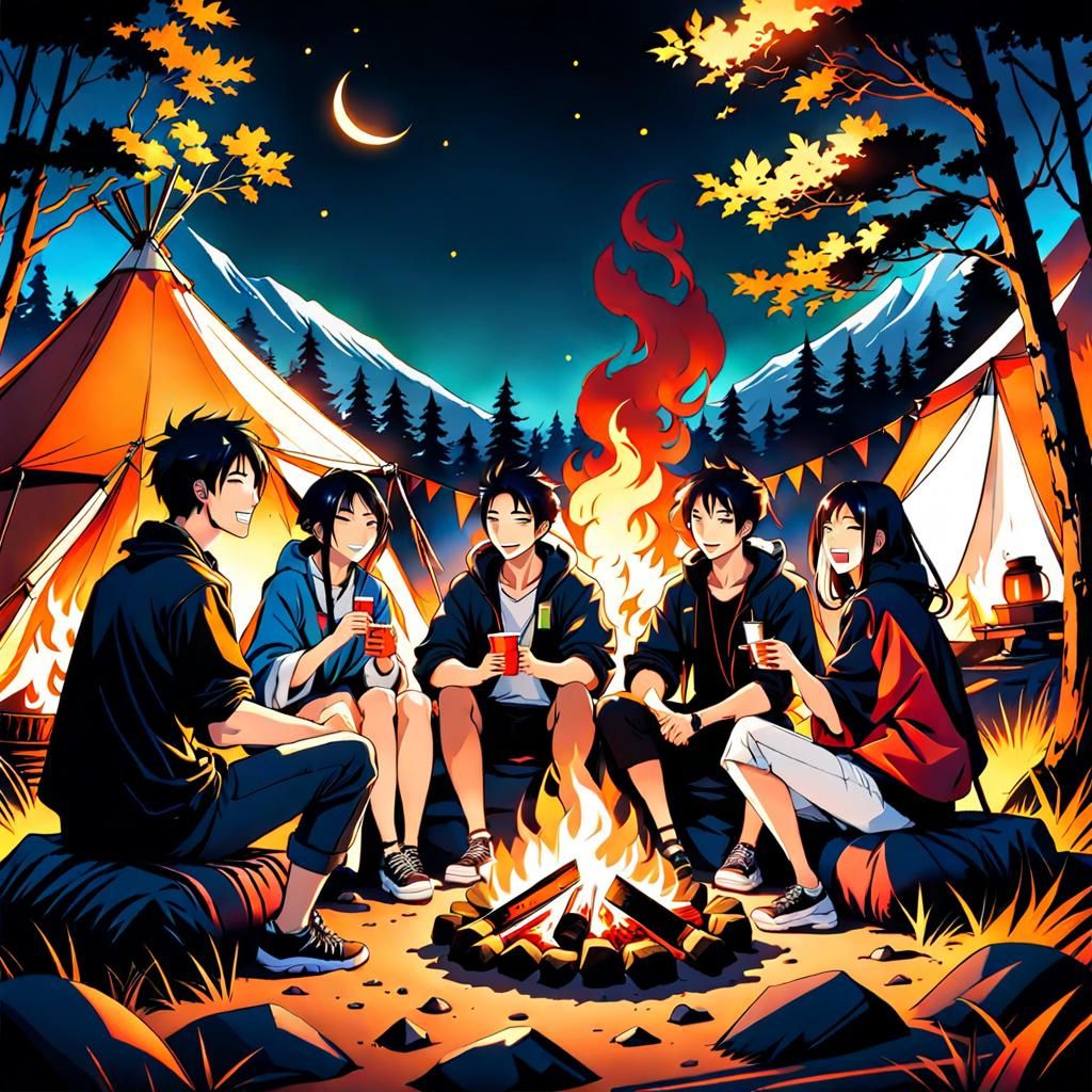 Friends Camping: Anime Style Fantasy Art