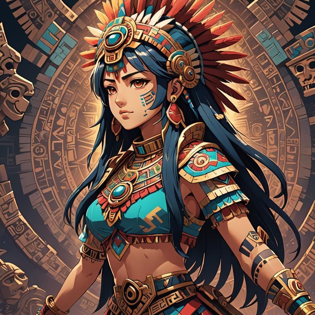 Aztec Waifu in Cel-Shaded Anime Style