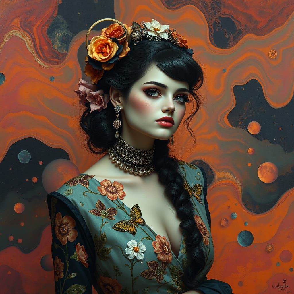 A surreal fashion editorial features a mysterious woman with...