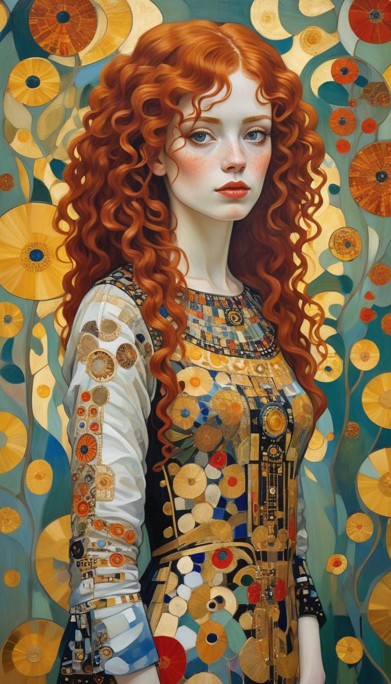 Oil paintinf in the style of gustav klimt with a girl with red curly hair in a dress with patterns in the style of gusta...