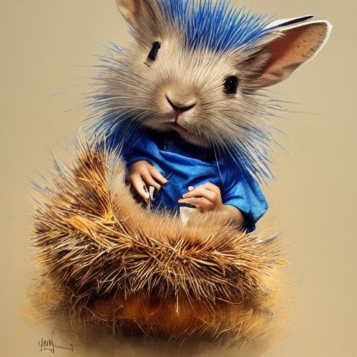 Blue Rabbit with Hedgehog Quills: Detailed Digital Art