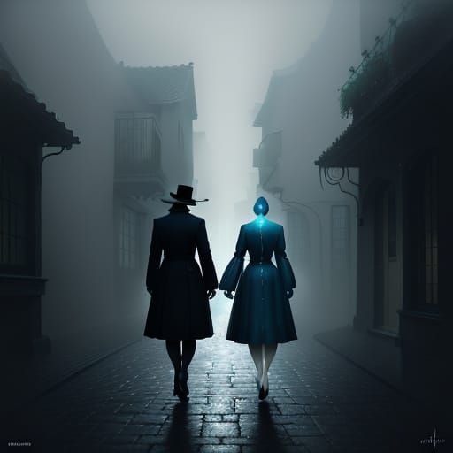 Surreal Doppelganger Confrontation in Foggy Alleyway