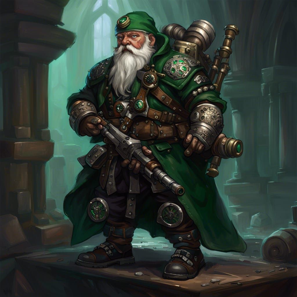 Steampunk Dwarf Headtaker in Emerald Armor