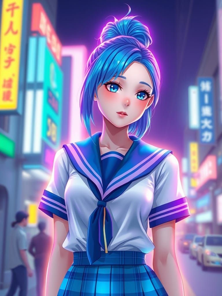 Glowing Hologram of Blue Haired Teenage Girl in Sailor Unifo...