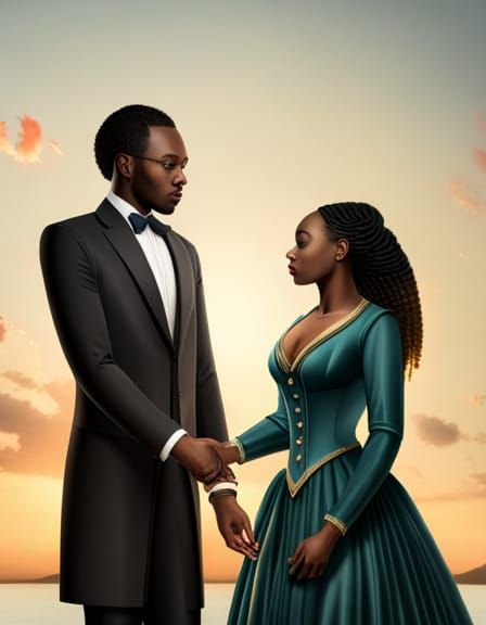 Romantic 19th-Century Black Couple Portrait in Art Nouveau S...