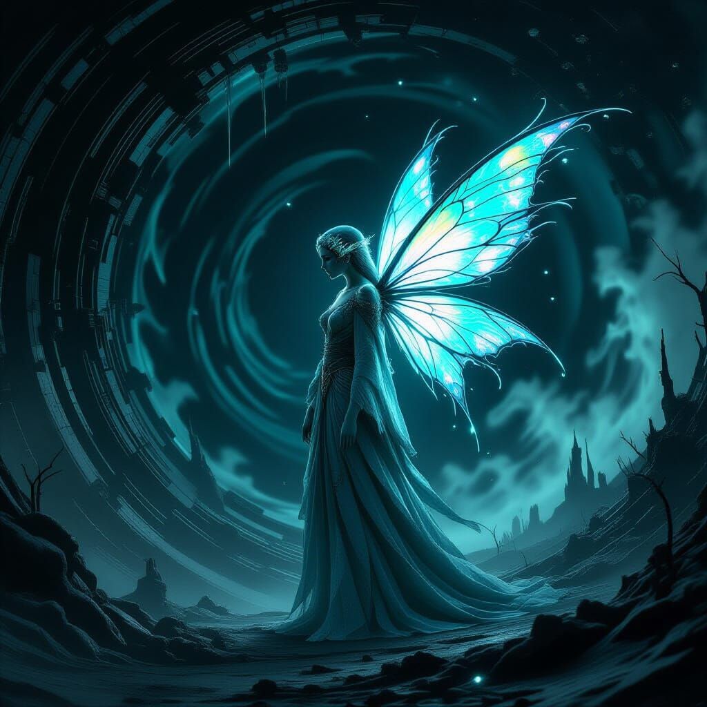 Fairy Defiant Against Dark Energy in Giger-Beksiński Style
