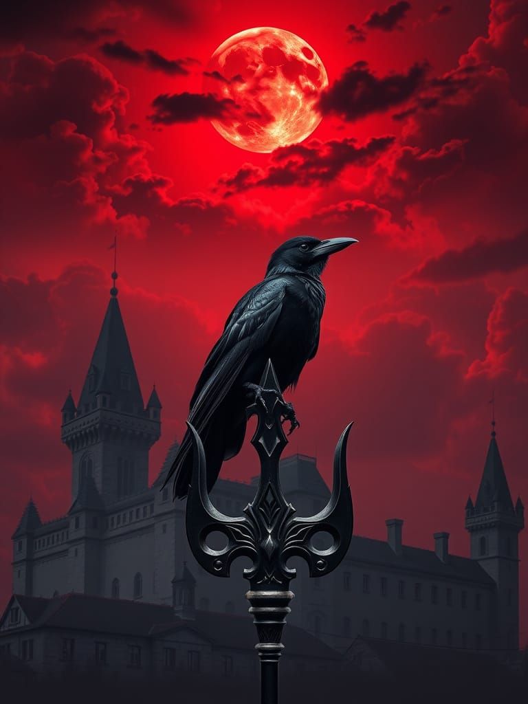 Gothic Raven Perches on Ancient Trident Under Blood Red Moon