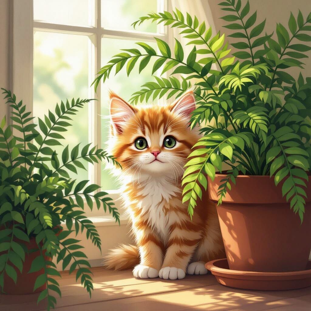 Shy Ginger Kitten Peeking from Fern in Storybook Style