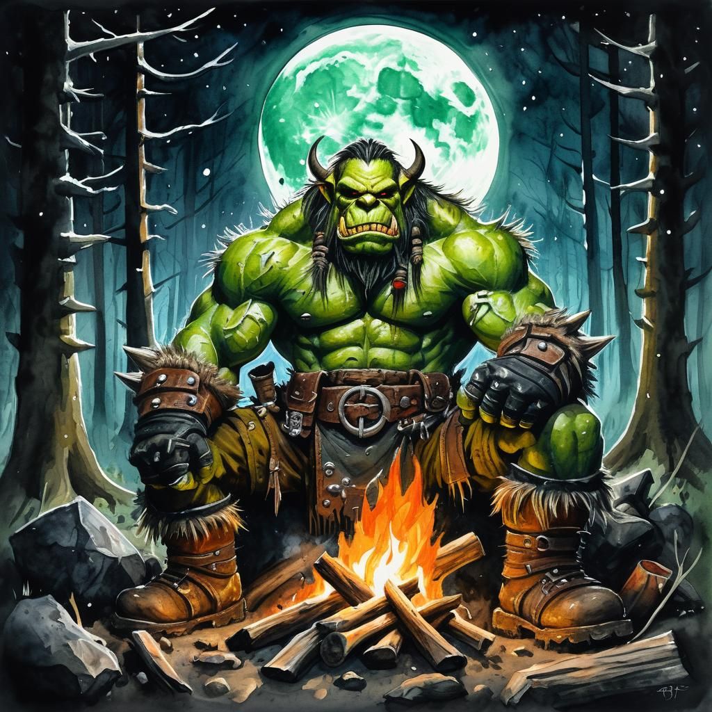 Watercolor Ork Offers Comfort by Campfire