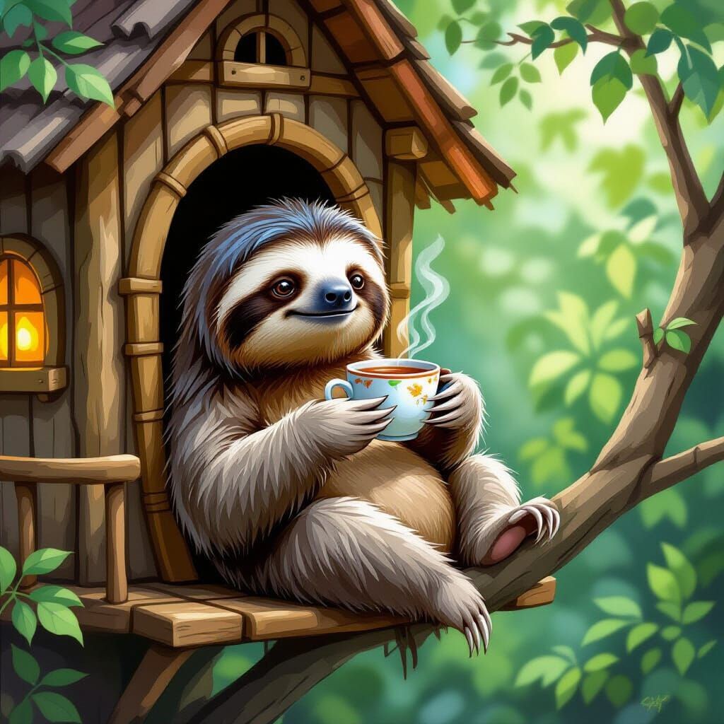 Cozy Sloth Sipping Tea in Treehouse Oil Painting