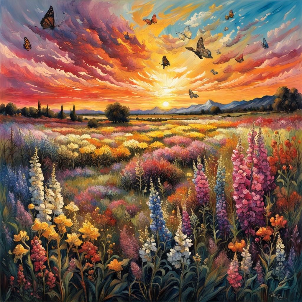 Colorful Wildflower Field at Sunset in Suminagashi Style