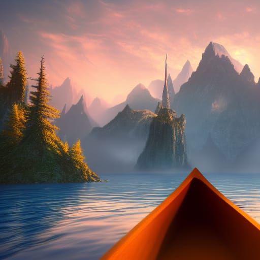 Canoe on Lake with Mountains in Fantasy Art Style
