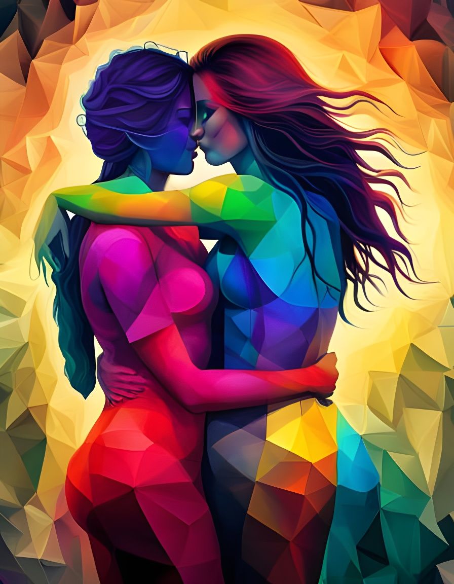 Abstract Art of Women Embracing with Rainbow Flag