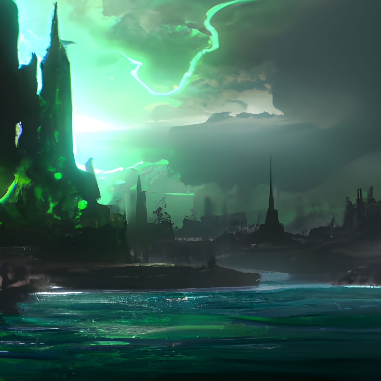 Divine City Near Green Ocean With Aurora