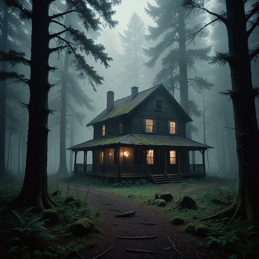 Mysterious Cabin in Dark Forest with Eerie Glow