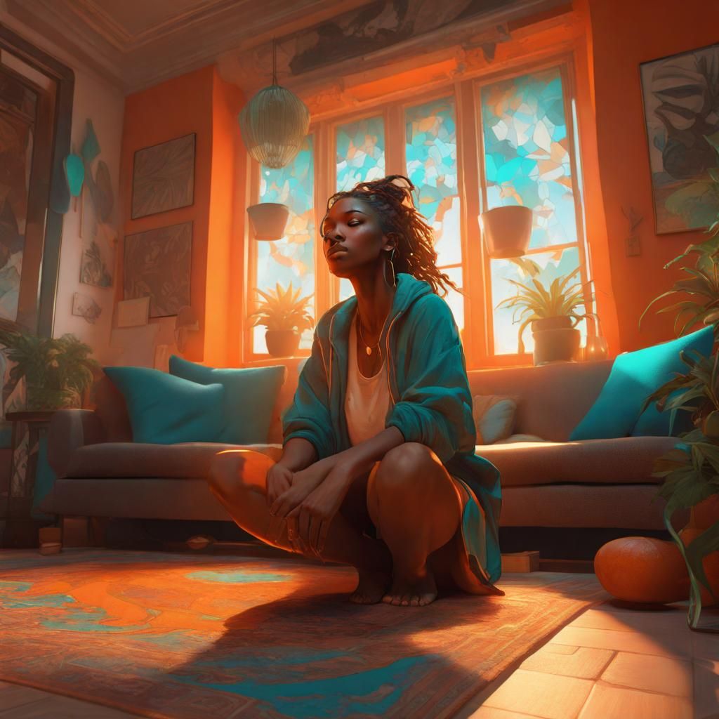 Vibrant Young Woman at Home in Digital Art Style