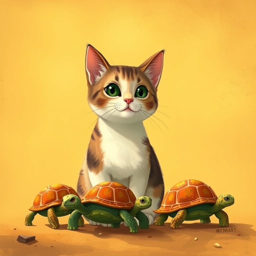 Cat and Turtles in Whimsical Illustrative Style