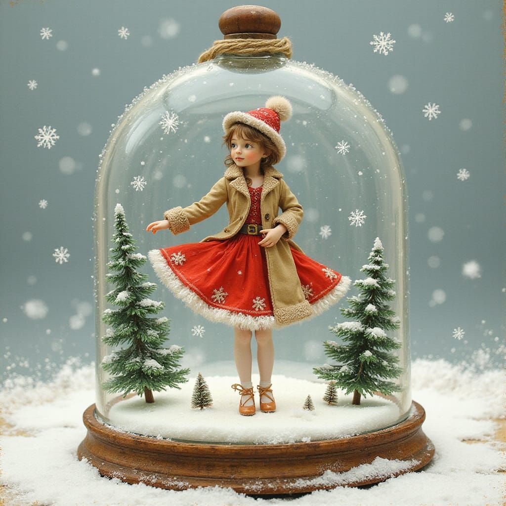 Ballerina in Winter Snow Globe, Illustrated Style