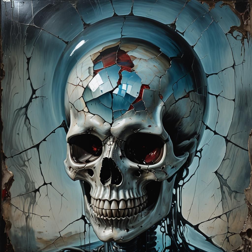 Surreal Skull Mirror Reflecting Dark Environment