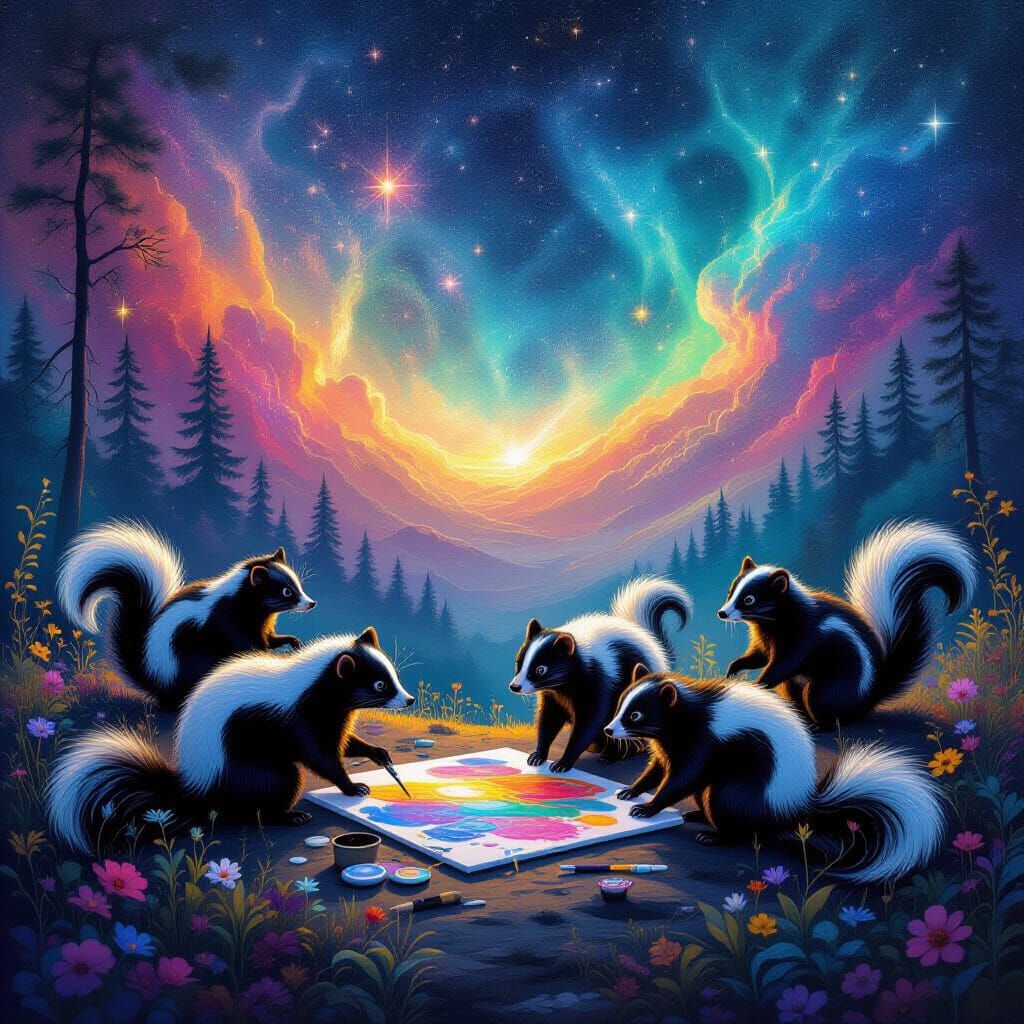 Skunks Paint Cosmic Landscape in Holographic Style