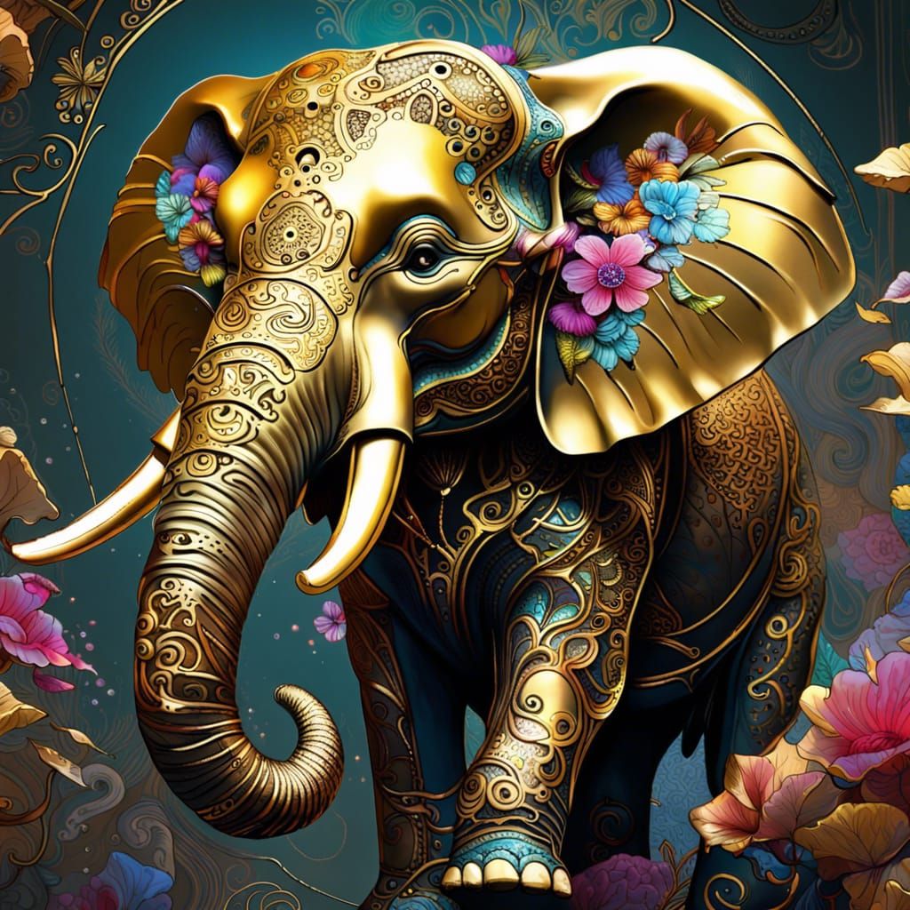 Golden Filigree Elephant: Psychedelic Digital Art