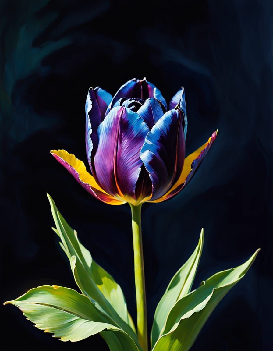 Vibrant Black Tulip in a Colorful Garden, in Impasto Oil Pai...