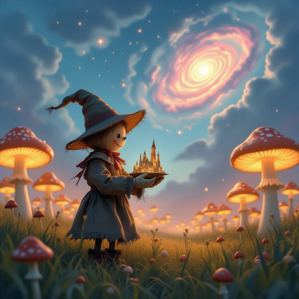 Scarecrow with City Model Among Giant Glowing Mushrooms