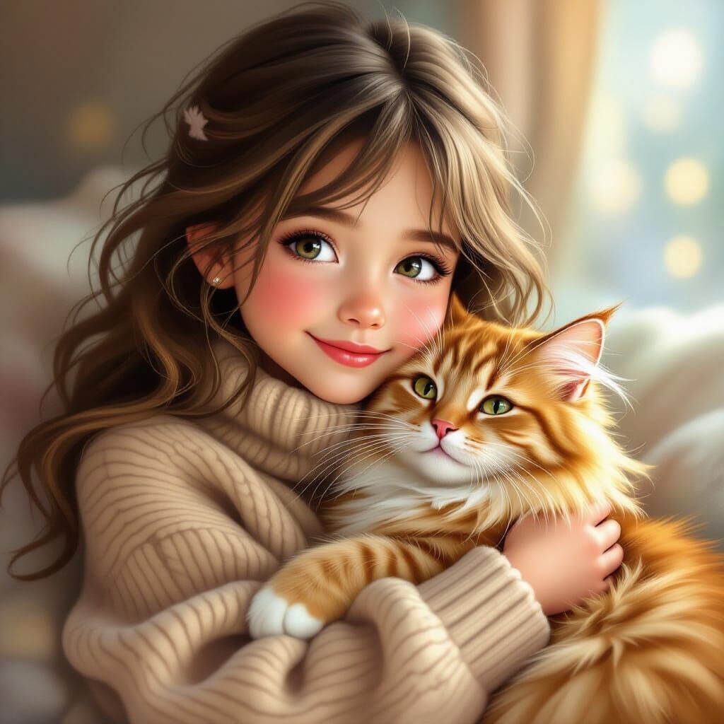 Girl and Fluffy Cat in Warm Painterly Style