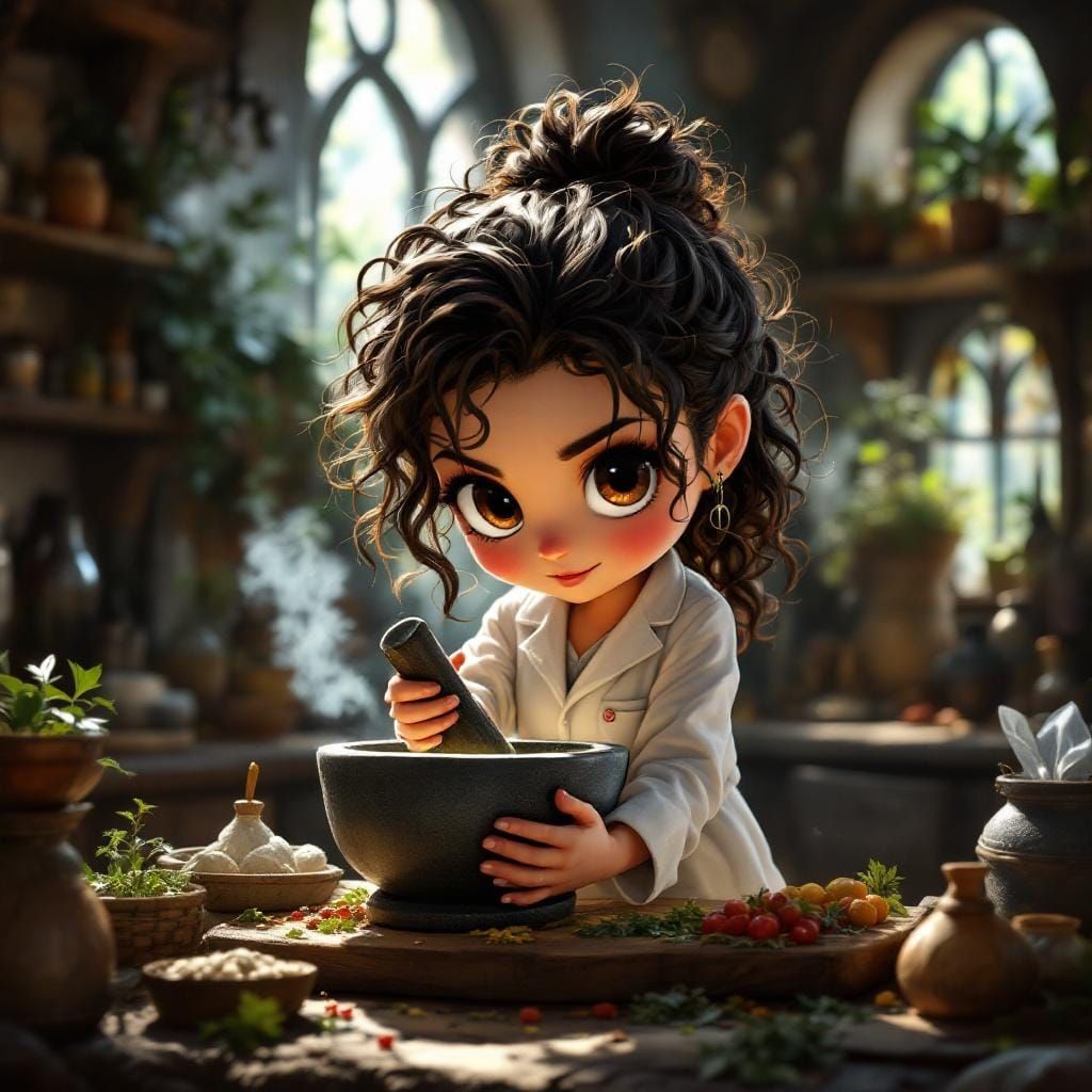 Chibi Apothecary Woman Mixing Herbs: Oil Realism