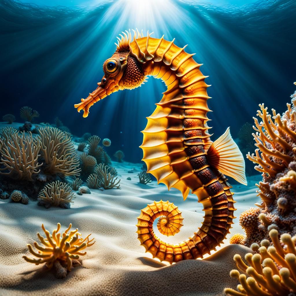 Seahorse Jousting with Crabs in Sunlit Ocean