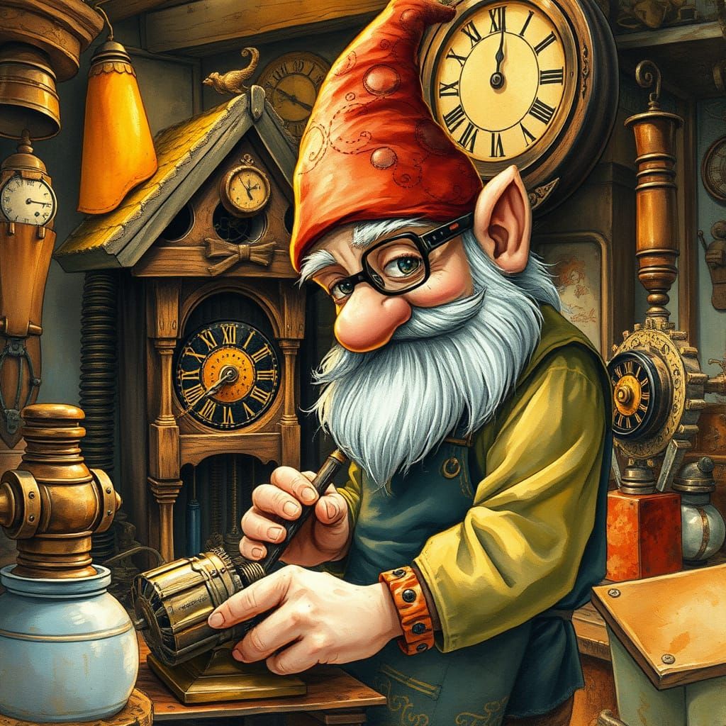 Whimsical Gnome Clockmaker in Warm Golden Light
