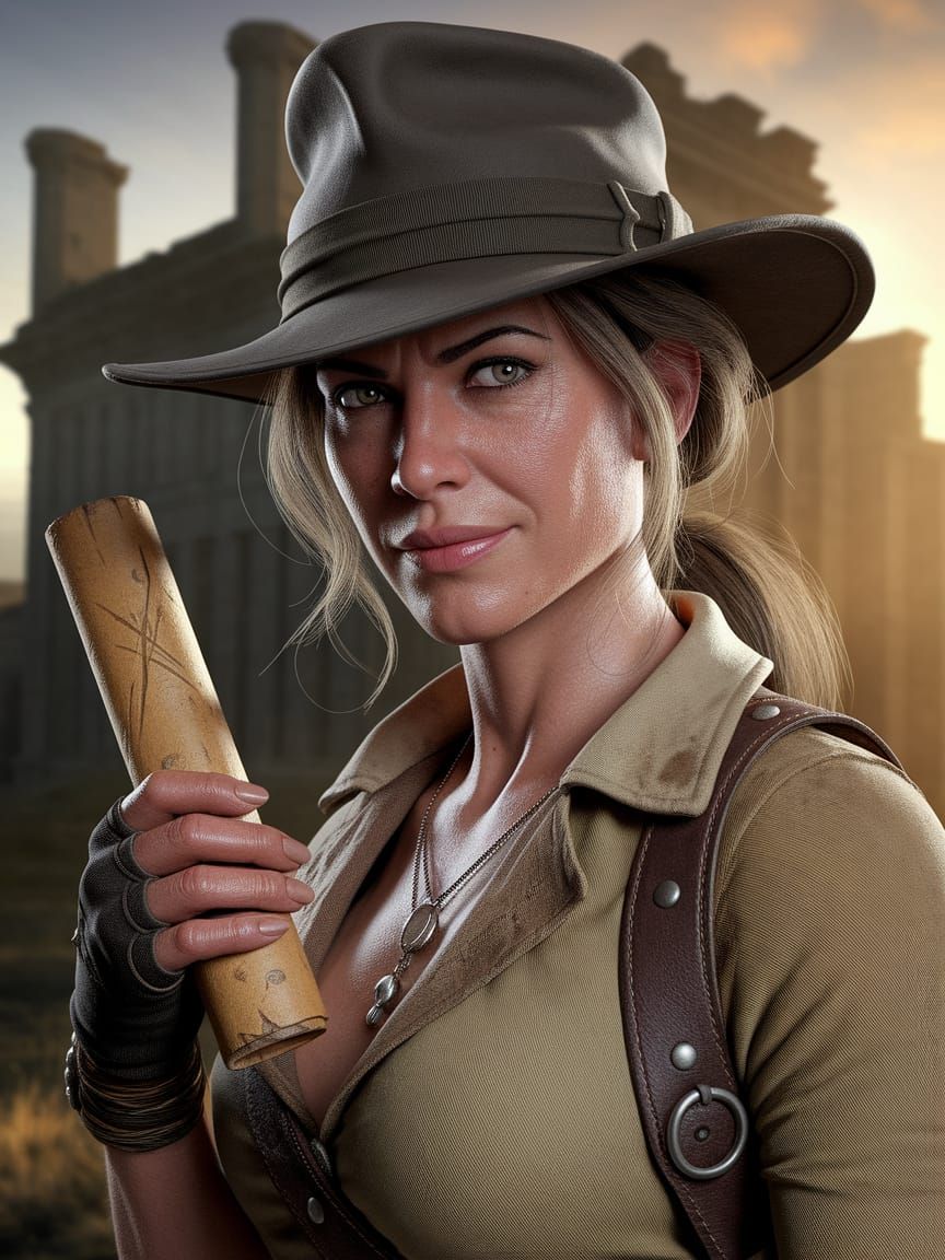 Adventurous Scholarly Explorer in Ancient Ruin Landscape