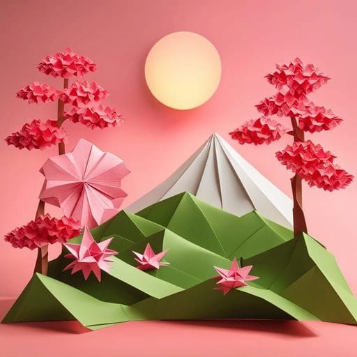 Peaceful Origami Landscape with Cherry Blossoms