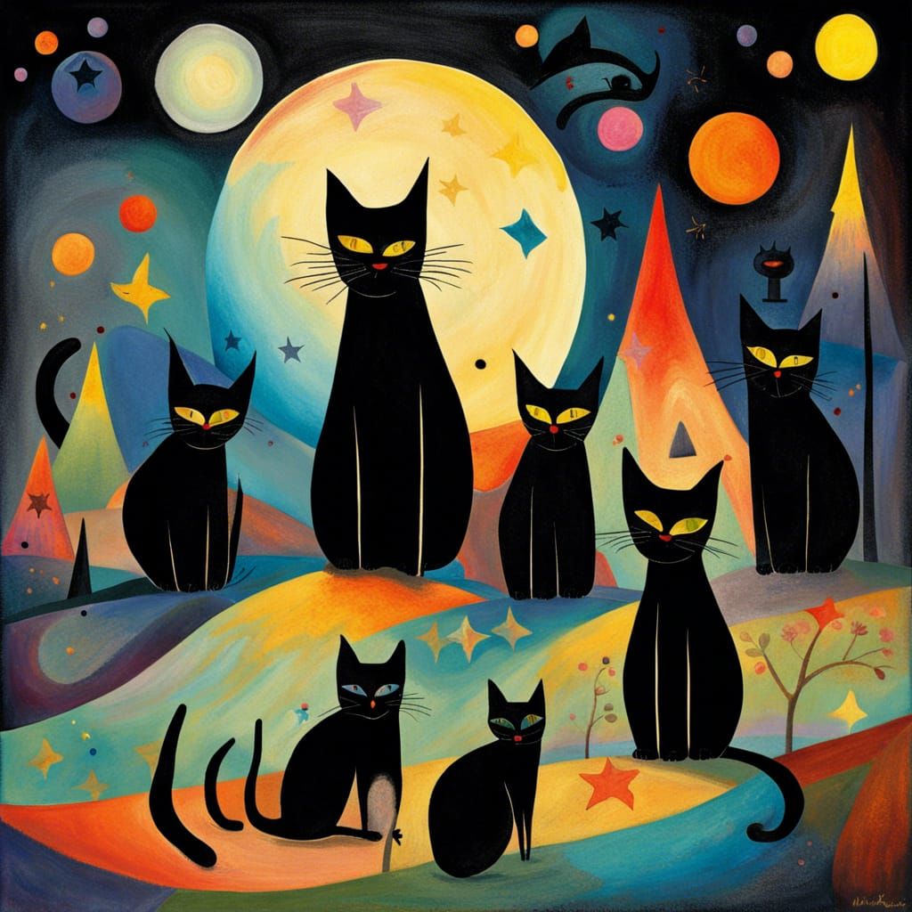 Moonlit Black Cats in Pop-Surrealist Style