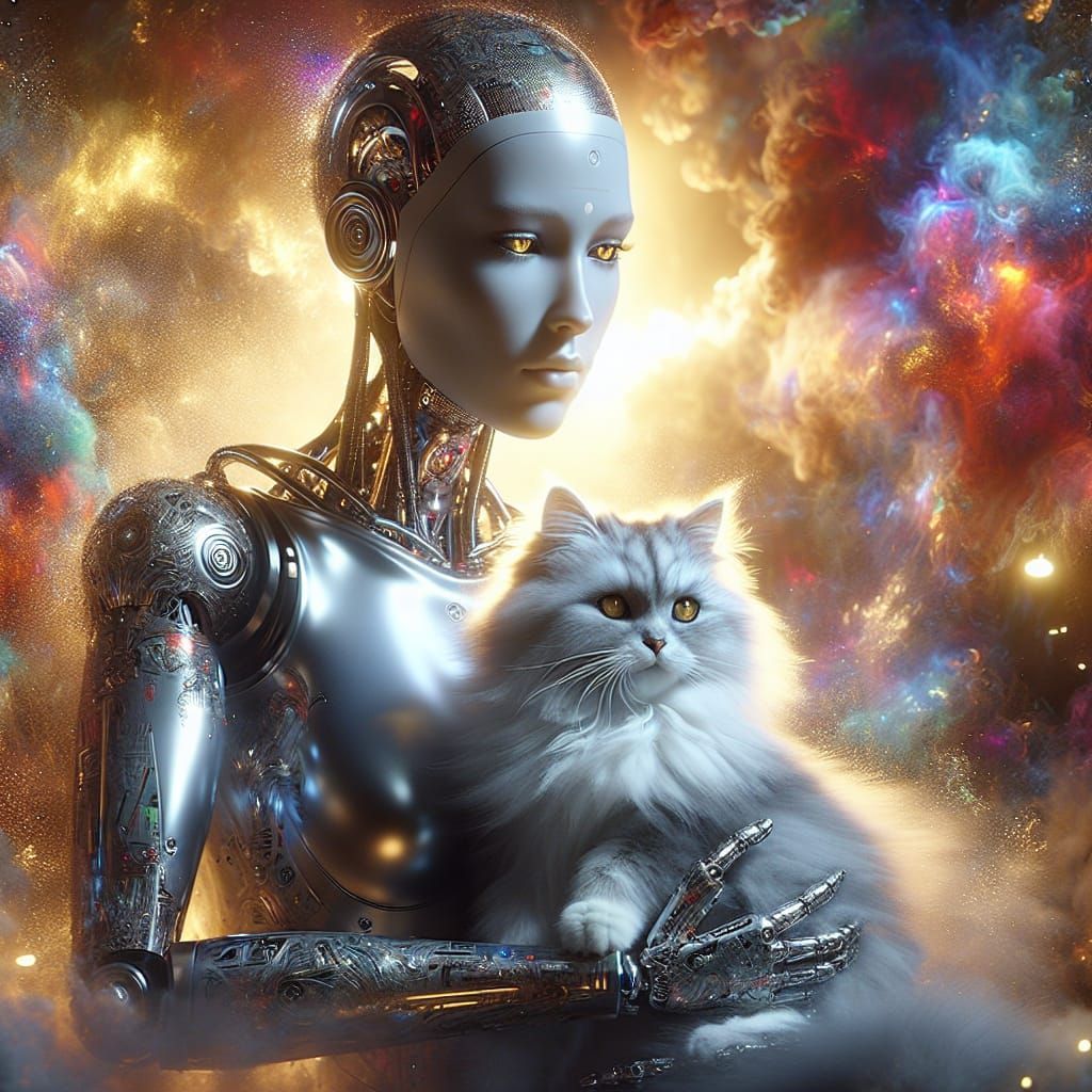 Android Holding Cat with Golden Splashes