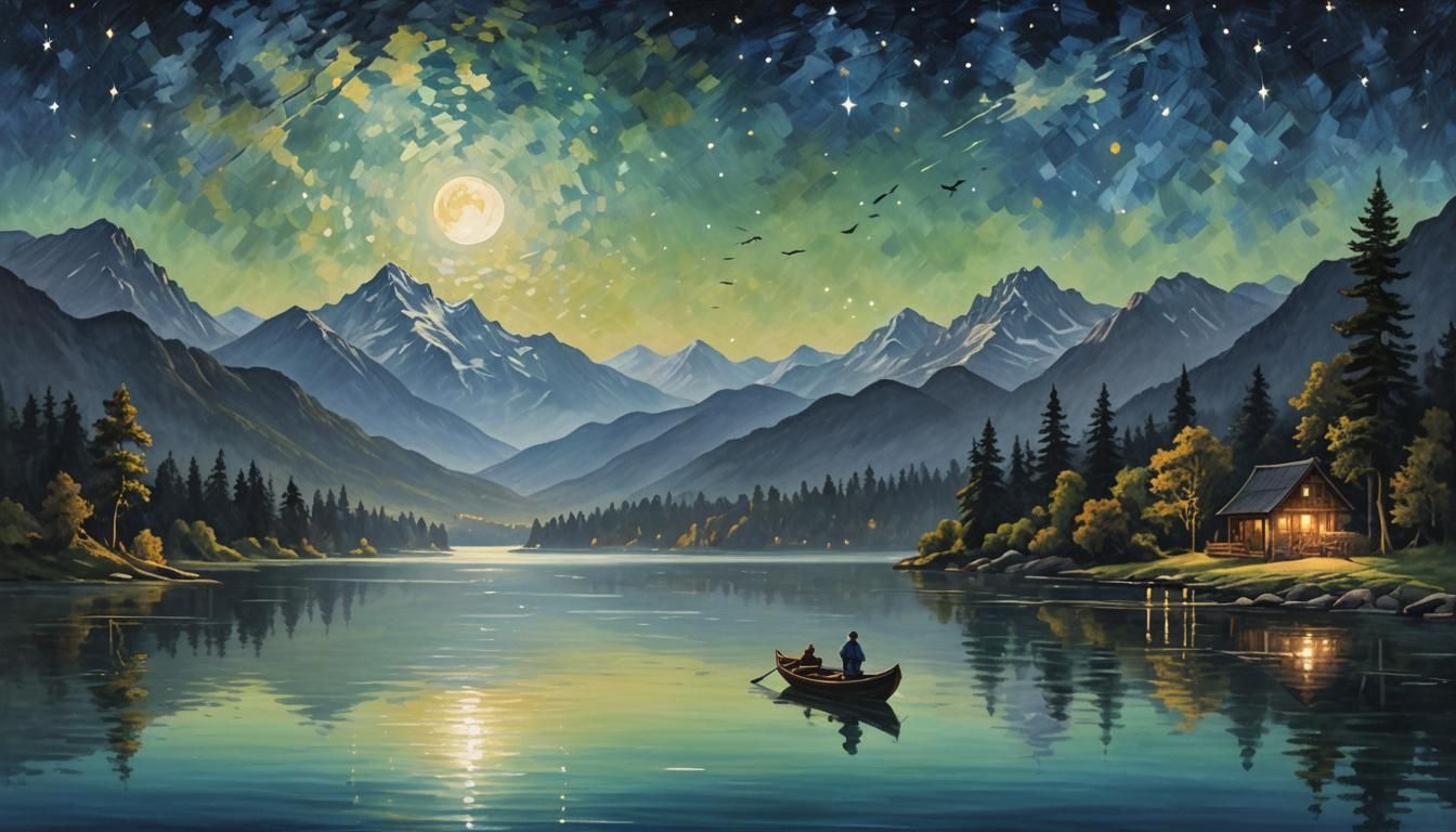 Serene Lake at Night: Impressionistic Starry Sky