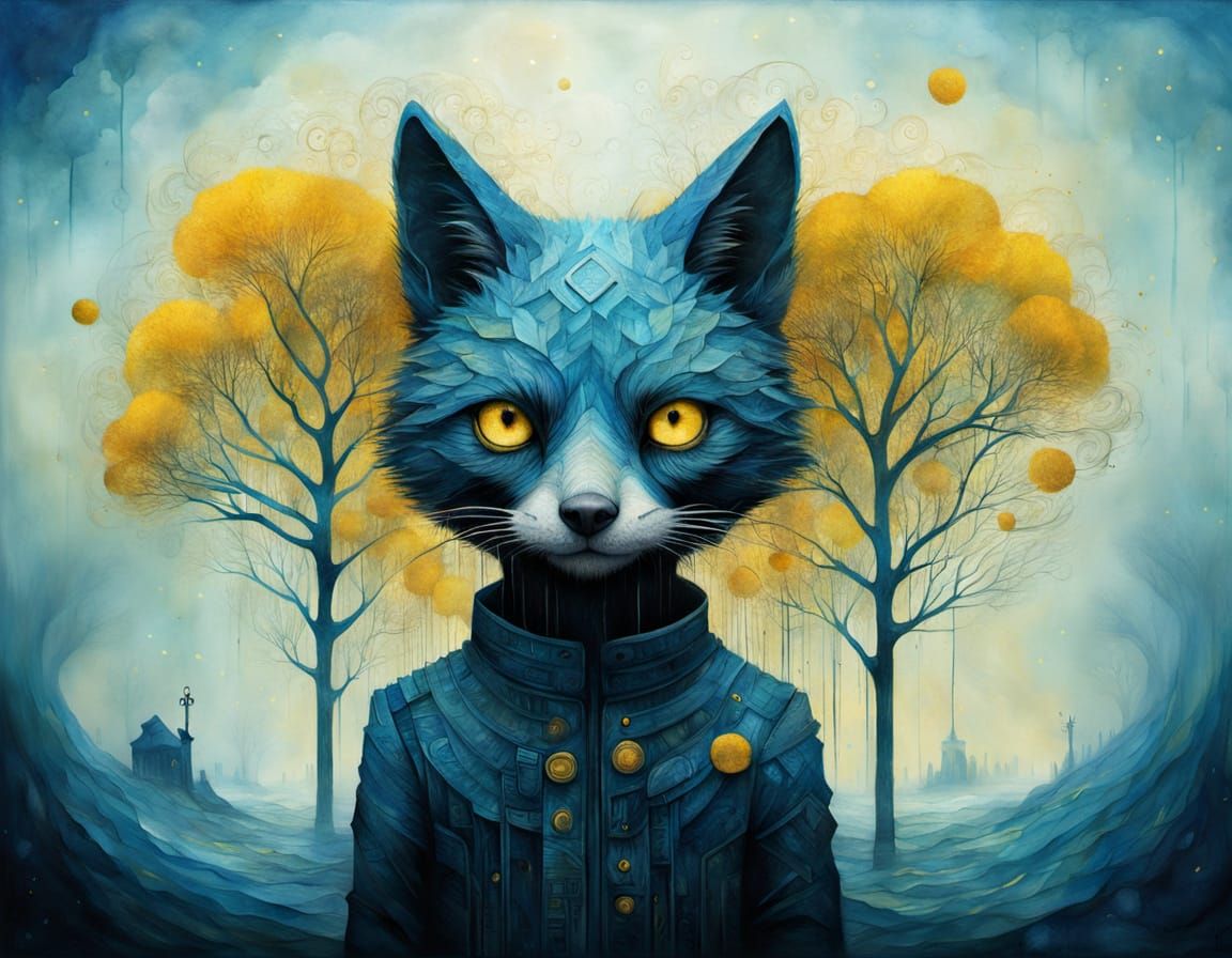 Surreal Blue and Yellow Artwork in Mixed Media Style