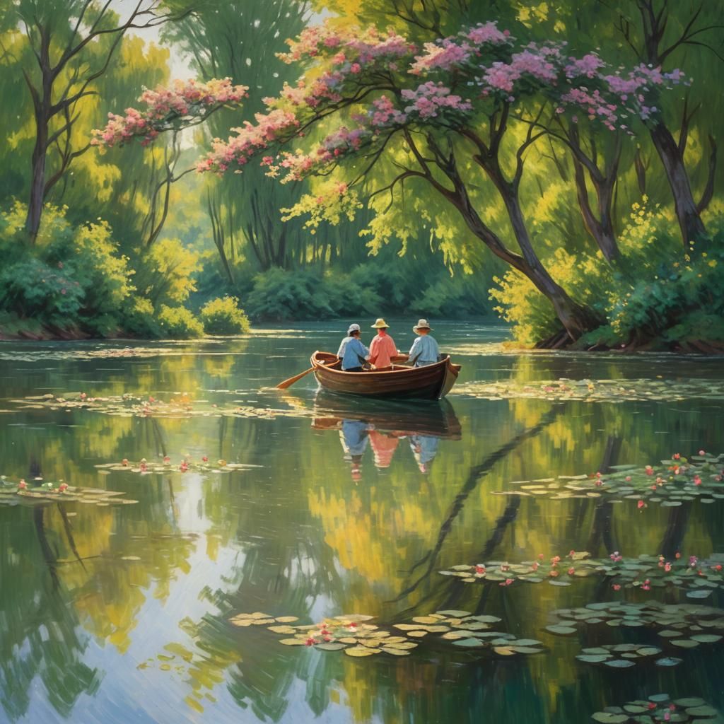 Idyllic Family Boat Trip in Impressionist Style