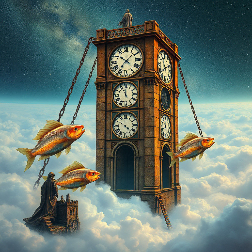 Mystical Clock Tower Above Iridescent Cloud Sea
