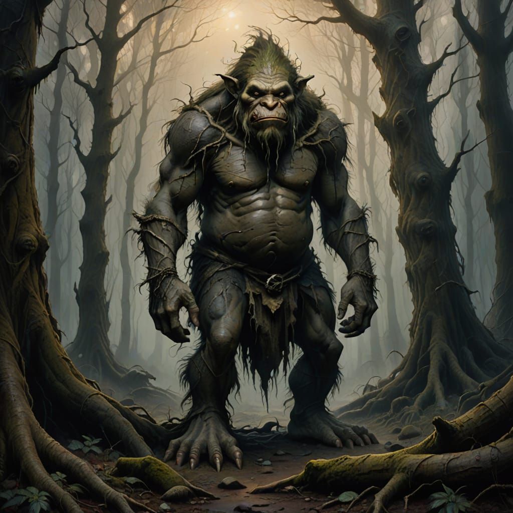 Troll in Misty Forest: Dark Fantasy Oil Painting