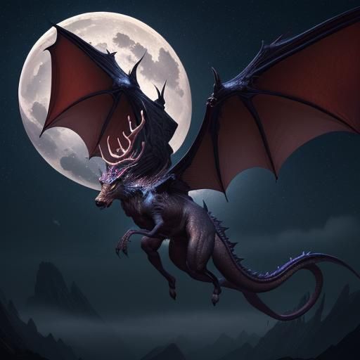 Winged Deer Dragon Soaring Under Full Moon