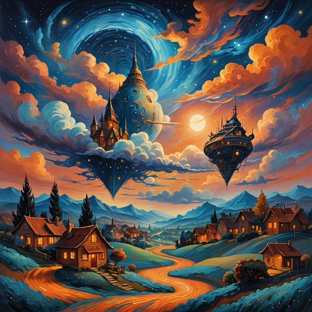 Surreal Spaceship Over Dreamlike Village in Van Gogh Style