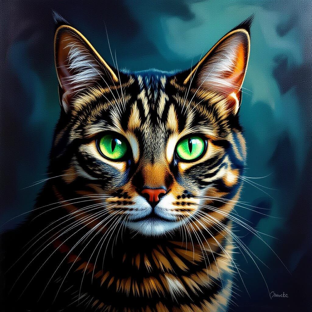 Majestic Tabby Cat with Emerald Eyes in Dramatic Lighting