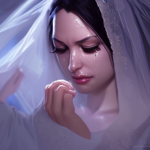 Heartbroken Bride Cries at Altar, Art Nouveau Style