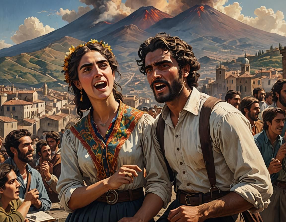 Sicilian Couple Singing, Hyperrealistic Splash Art