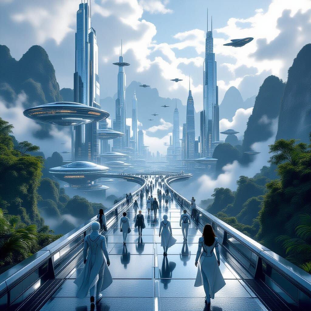 Futuristic Cityscape Merged with Misty Jungle Mountains